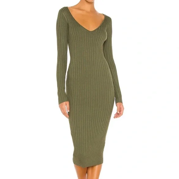NBD “Bekah” Deep V Midi Dress in Olive Green - Picture 1 of 3